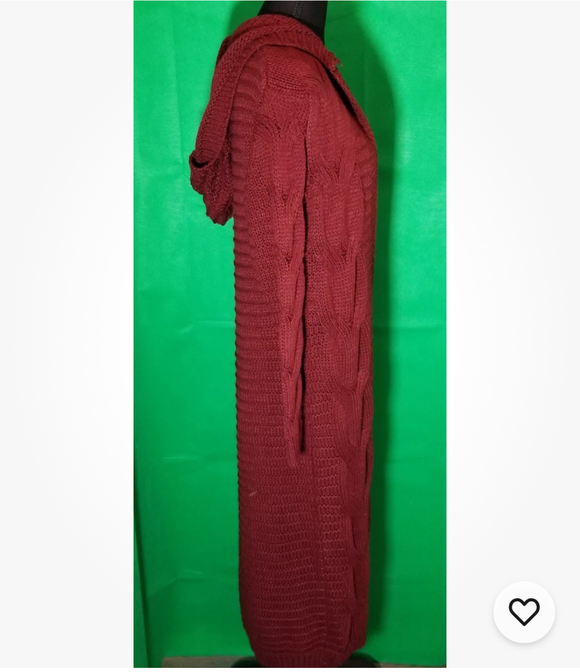 Boohoo Women’s Size Small Heavy Cable Knit Open Hooded Long Cardigan Burgundy - Picture 4 of 7